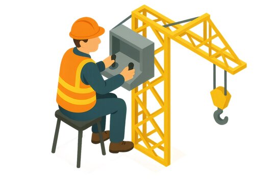 Crane operator using control panel for heavy lifting in construction industry, wearing safety helmet and vest