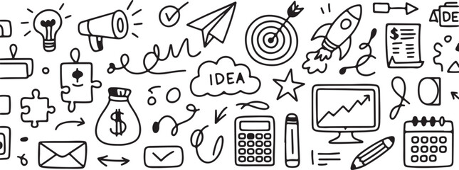 Diverse collection of hand-drawn business and startup icons in a simple black and white doodle style, perfect for presentations and websites