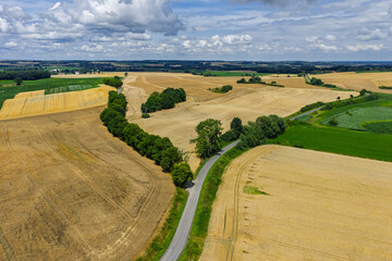 Aerial drone view of rural villages and agricultural fields near Opole and Nysa in Poland, showing...