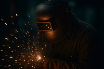 Welder wearing a protective helmet and uniform, performing metalwork with electrical welding causing bright sparks