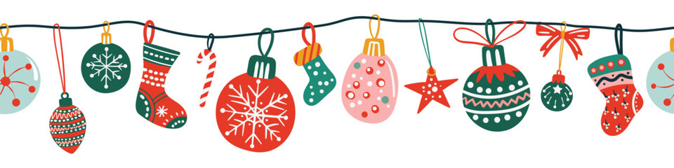 Seamless pattern border for Christmas and New Year festival with cute hanging ornaments in red and green color tones on a transparent background.