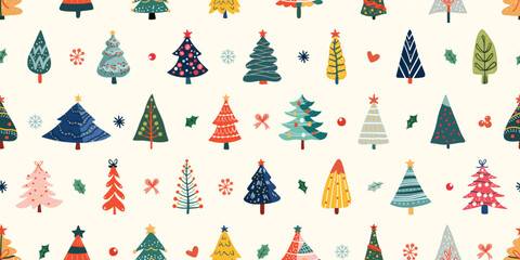 Seamless pattern for Christmas and New Year festival with cute various Christmas trees in colorful color tone on plain beige background.
