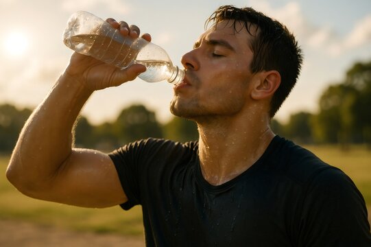 Sweaty man closing eyes, refreshing and recovering with a bottle of cold water outdoors after exercising