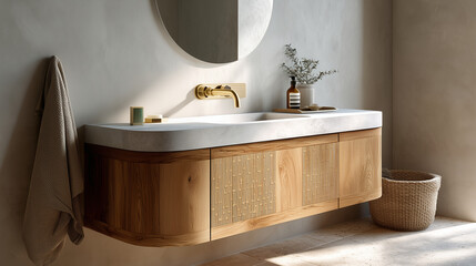 A modern floating bathroom vanity with soft curved front profile, using the same carved geometric wooden door texture from the reference image. Natural warm oak finish, one seamles