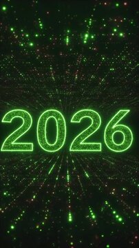 Digital green number 2026 against a backdrop of dots. Perfect for technology, futuristic, yearrelated designs in posters, presentations, or web graphics.