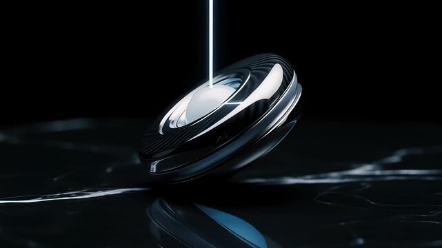 Sleek metallic yo-yo spinning rapidly over dark marble in a cinematic 3D animation, illustrating physics and momentum concepts