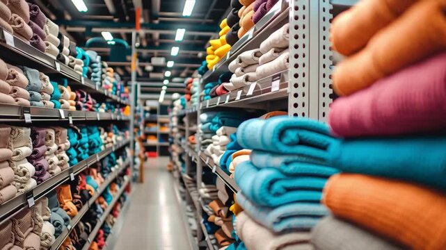 Colorful towel stack retail aisle home textile soft fabric cozy texture bathroom linen store shelf household goods folded cloth cotton weave vibrant