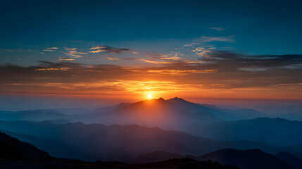 Obraz premium Sunrise mountain silhouette with layered blue ridges and golden sky evoking calm
