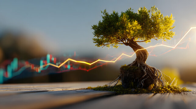 Sustainable investment growth finance eco tree bonsai green strategy profit chart with calm optimism on wooden table, glowing trend line