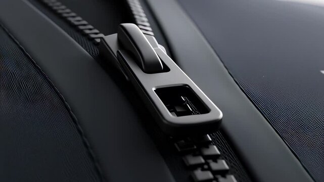 Metallic zipper slider fastening on dark blue jacket fabric in a cinematic macro 3D animation, illustrating textile quality and fashion detail