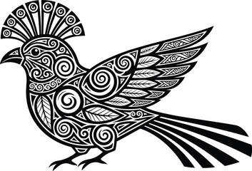 Ornate Decorative Bird Vector Illustration, Highly Stylized Black and White Art with Intricate Spiral and Floral Motifs, Ideal for Tattoo Design, Tribal Artwork, and Elegant Nature Ornamentation.