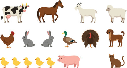 Fototapeta premium Farm Animal Collection Vector Illustration Showing Cow Horse Goat Sheep Pig Chicken Duck Dog Cat Rabbit and Chicks Cute Livestock Concept