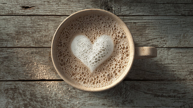 A heartwarming cappuccino with a foamy heart design, resting on a rustic wooden surface. The coffee exudes warmth and serenity.