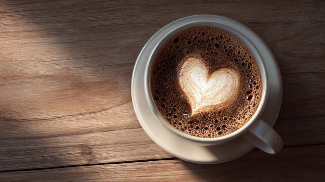 A latte art heart shape in a coffee cup on wooden table, a warm inviting scene. The artistic foam adds a delightful touch