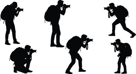 Professional Photographer Silhouettes Vector Collection, Illustrating Male Figures with Backpacks Taking Pictures in Diverse Poses, Emphasizing Travel, Photojournalism, Outdoor Adventure, and Digital 