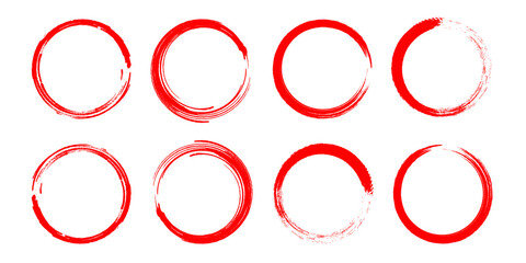 Red pen drawn marks, red circle set, highlight circle. Charcoal pen round ovals. Set of doodle ellipses. Scribble ovals, marker round elements isolated on a white background.