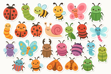 Fototapeta premium Colorful cartoon insects collection with butterflies, beetles, caterpillars, and snails