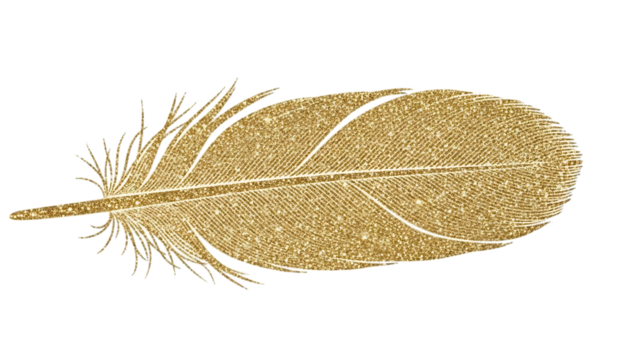 Golden feather with intricate details isolated on transparent background