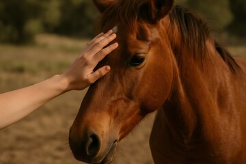 Hand stroking a brown horse's face, creating a tender moment of connection and animal human bonding outdoors