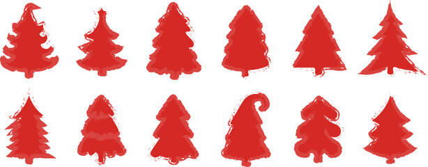 set of red christmas trees isolated