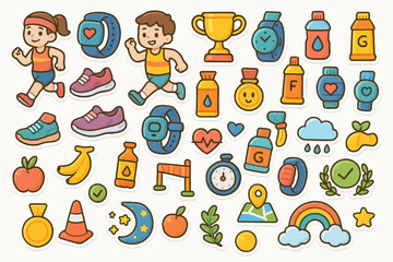 Cartoon fitness stickers: running, sports gear, and healthy living