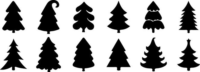 Christmas tree silhouette clipart set. Black Christmas tree drawing clip art collection in white background for xmas season pine tree flat icon decoration vector illustration