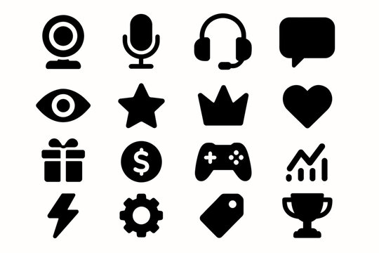 Collection of black silhouette icons including microphone headset and game controller