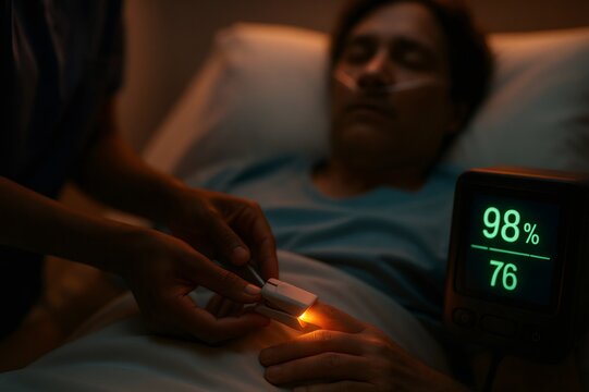 Healthcare professional checking a sleeping patient's oxygen level using a pulse oximeter and a vital signs monitor