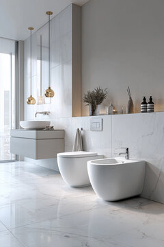 ultra realistic photo of a modern minimalist bathroom in white tones, featuring a wall-hung toilet and bidet, no natural light, soft ambient lighting, matte and glossy white cerami