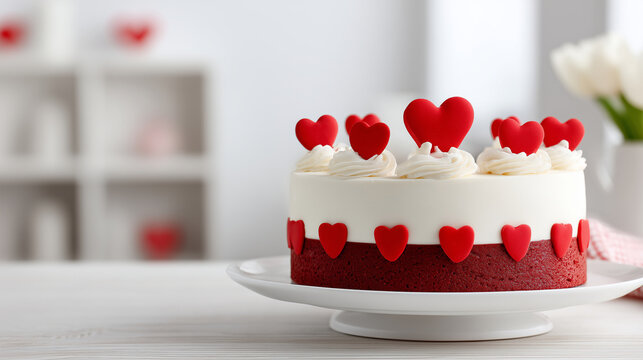 A simple Valentine's Day cake, placed on a white table decorated with hearts, against a backdrop of white walls in the home. - Powered by Adobe