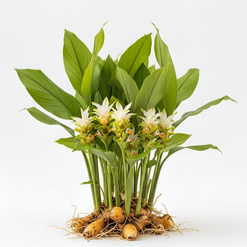 Curcuma zedoaria mature plant with roots and yellow flowers