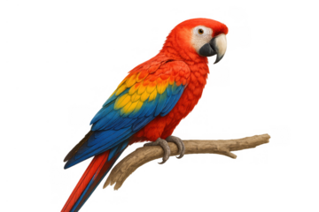 Scarlet macaw parrot bird perching on a branch, tropical animal with vibrant colorful red blue yellow feathers, transparent background