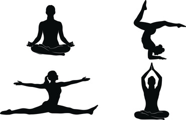 Yoga and Pilates Poses Silhouette Collection, Professional Vector Set of Women Meditating, Stretching, and Balancing, Illustrating Wellness, Flexibility, Fitness, and Healthy Lifestyle Practices.