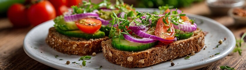 Two slices of dark whole grain bread topped with fresh avocado, tomato, cucumber, and sprouts served on a plate