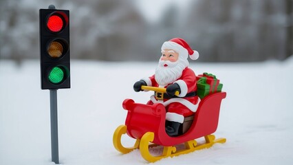Miniature Santa Claus in red sleigh with gifts waiting at a green traffic light in winter snow for Christmas timing concept and holiday preparations