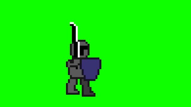 Pixel art of a knight attacking with his sword, on a green background. 32 bits