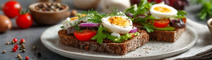 Hearty slices of dark bread topped with avocado, sliced hard-boiled egg, and fresh herbs present a nutritious open-faced meal.