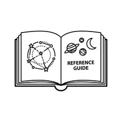 Open Book Icon with Astronomy Reference Guide, Featuring Planets, Moon, and Constellation
