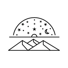 Minimalist Line Art of Mountains Under a Starry Night Sky with Crescent Moon and Horizon