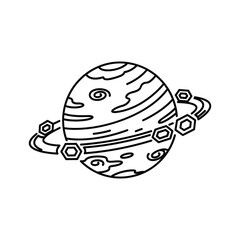 Minimalist Outline Ringed Planet with Hexagonal Accents