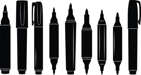 Black Silhouette Vector Collection of Assorted Marker Pens Highlighters and Art Supplies for School Office and Design Projects Outline Icons Set, isolated on a white background