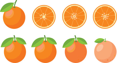 Fresh Orange Fruit and Slice Collection Vector Illustration Showing Whole Citrus with Leaves Healthy Food Nutrition Design Concept