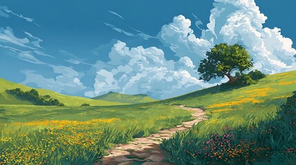 Lush green rolling hills feature a winding stone path beneath a bright blue sky filled with voluminous white clouds.