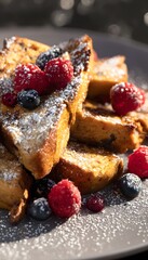 Golden Christmas stollen French toast with berries a warm inviting holiday breakfast editorial stock photo