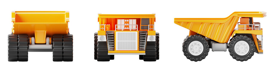 3d mining dump truck front, side, back view. Realistic render set of yellow big dumper, heavy industrial machinery. Quarry tipper for carriage of goods, open pit automobile transport