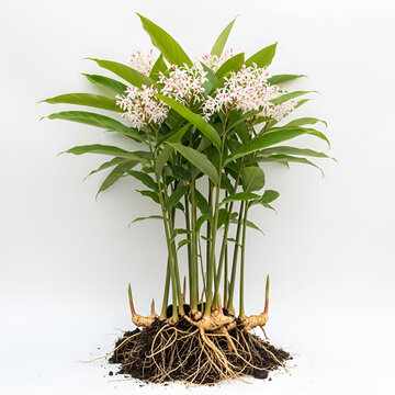 Alpinia galanga mature plant with roots and white flowers