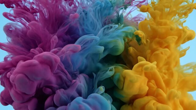 Extreme close up slow motion macro shot of highly saturated colorful acrylic paints mixing and swirling abstractly in water blending, ink in water, colorful explosion