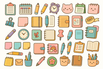 Cute stationery collection featuring notebooks, pens, stickers, and planners in pastel colors