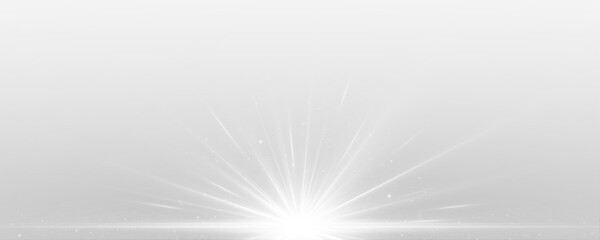 Glowing light with beam and flash. Lens flare, bright streak, radiant sun.
