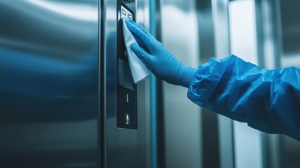 Person sanitizing elevator buttons with disinfectant for safety